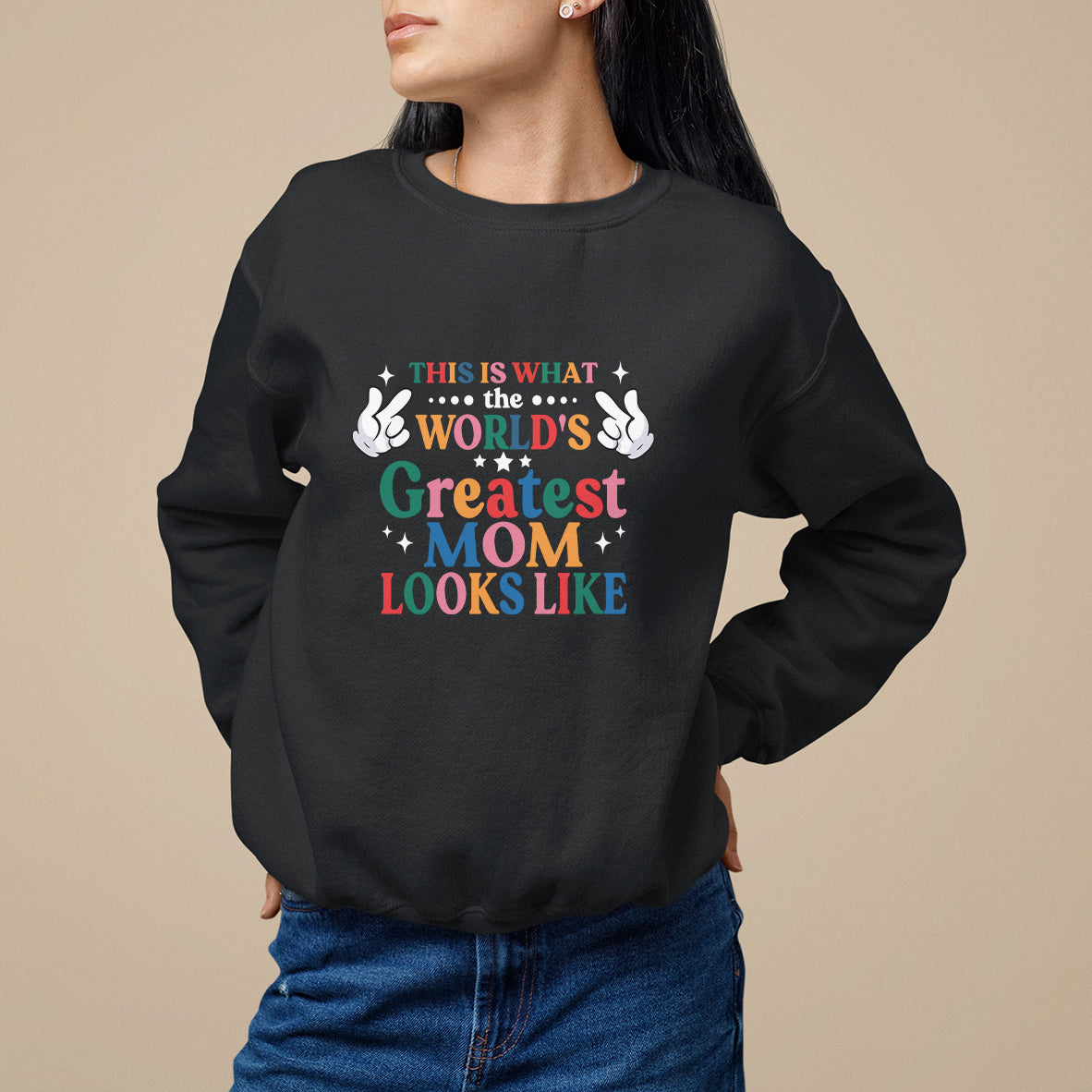 Black crewneck sweatshirt with 'World's Greatest Mom Looks Like' graphic
