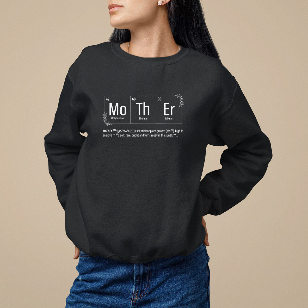 Black sweatshirt with Mo Th Er periodic table graphic