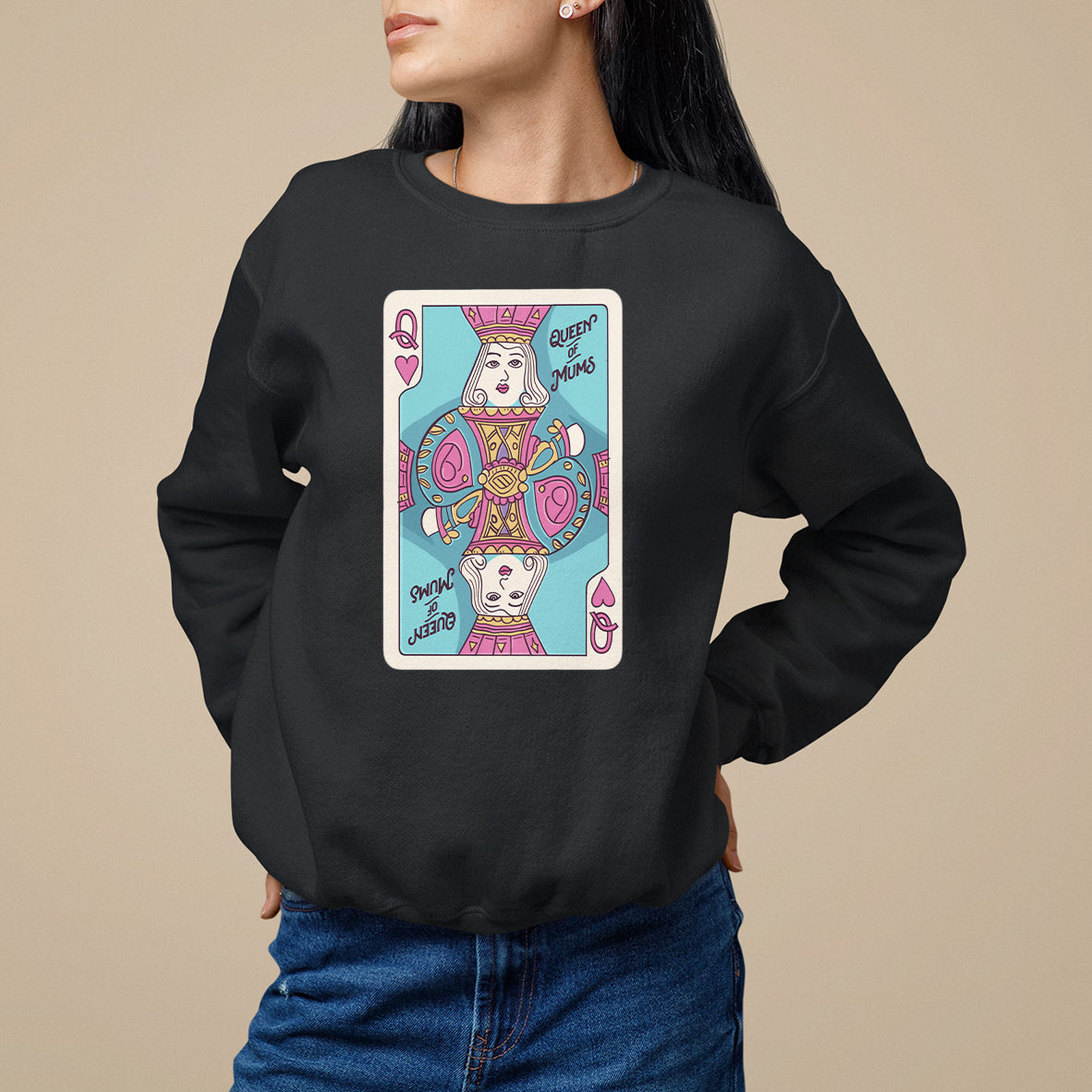 Women's Mother's Day sweatshirt in black, front cartoon queen graphic with hearts