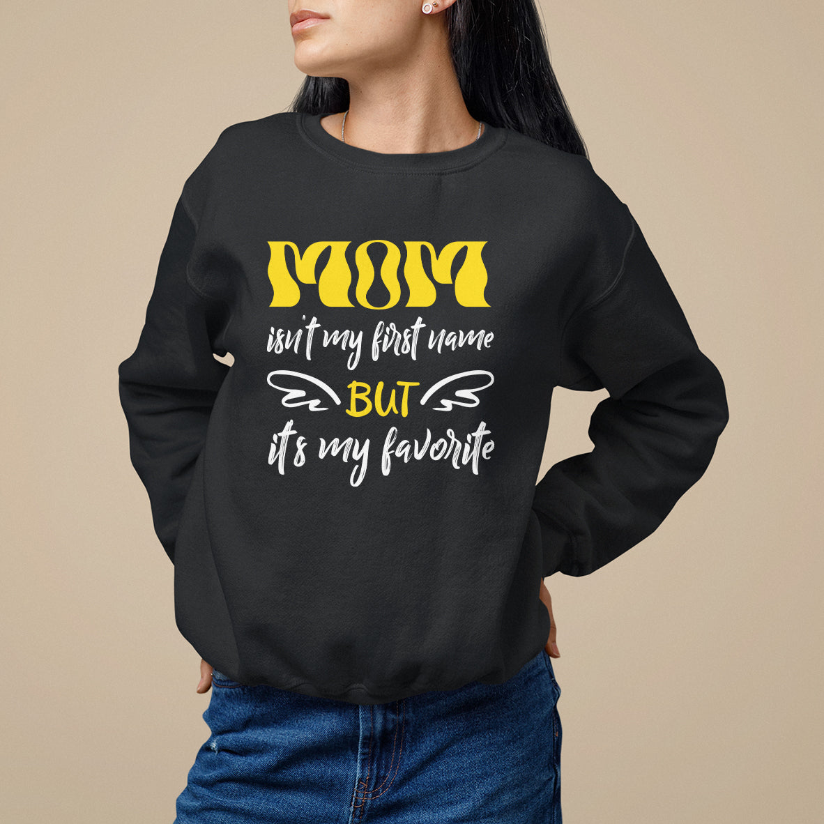 Black crewneck sweatshirt with long sleeves and MOM graphic on the front