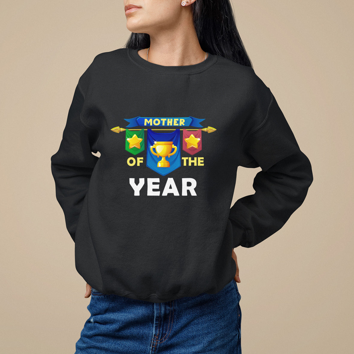 Black women's sweatshirt with 'Mother of the Year' trophy graphic on front