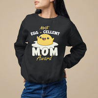 Women's black sweatshirt with large chest print: yellow egg, 'Most Egg-cellent' and 'Mom Award'