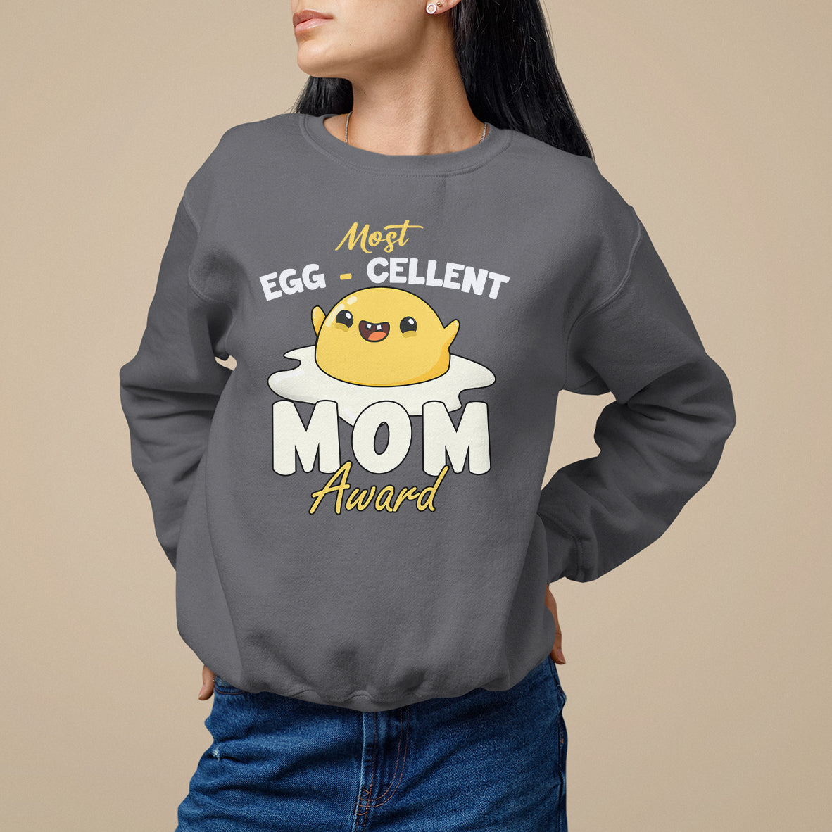 Women's charcoal gray sweatshirt featuring yellow egg graphic and 'Mom Award' lettering