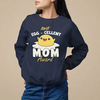 Women's black sweatshirt, crew neck, egg graphic with 'Most Egg-cellent' and 'Mom Award'