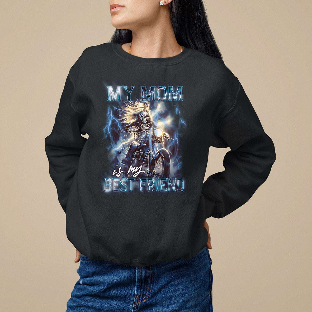Black sweatshirt with front motorcycle graphic and “My Mom is my Best Friend” text