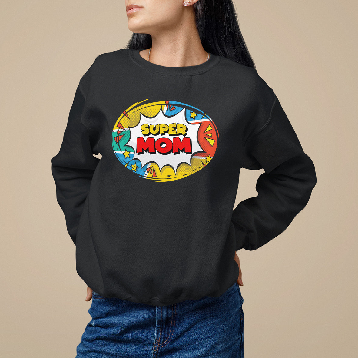 Black super mom comic sweatshirt with oval graphic print at chest