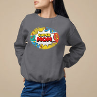 Charcoal super mom comic sweatshirt with oval chest graphic print