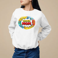 White super mom comic sweatshirt with oval chest graphic print