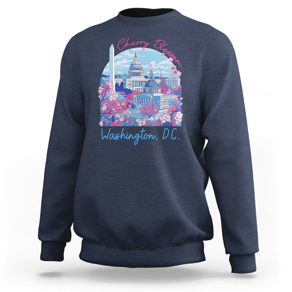 Blue crewneck sweatshirt with colorful cherry blossom city graphic on chest