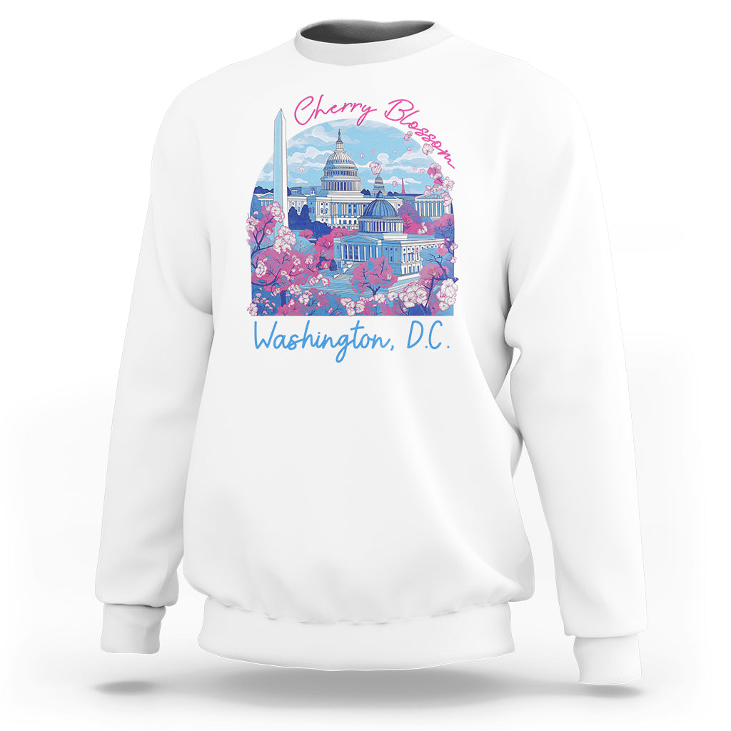 White crewneck sweatshirt with colorful cherry blossom city graphic on chest
