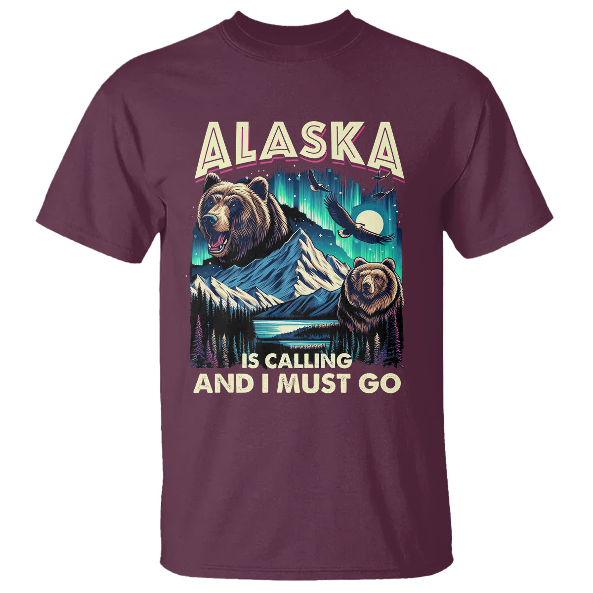 Men's maroon graphic T-shirt with bear, mountains, aurora and 'Alaska' text