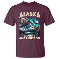 Men's maroon graphic T-shirt with bear, mountains, aurora and 'Alaska' text