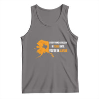 Gray tank top with orange map silhouette and Texas/Alaska slogan print