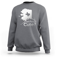 Charcoal gray crewneck sweatshirt with white Alaska map graphic and text "Isn't Texas Cute?"