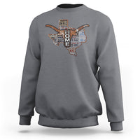 Charcoal gray crewneck sweatshirt with Texas map graphic and longhorn design.