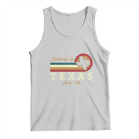 Light gray tank top with crew neck and Texas-themed 'Loves Me' front graphic