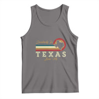 Gray tank top with Texas map graphic and text on front