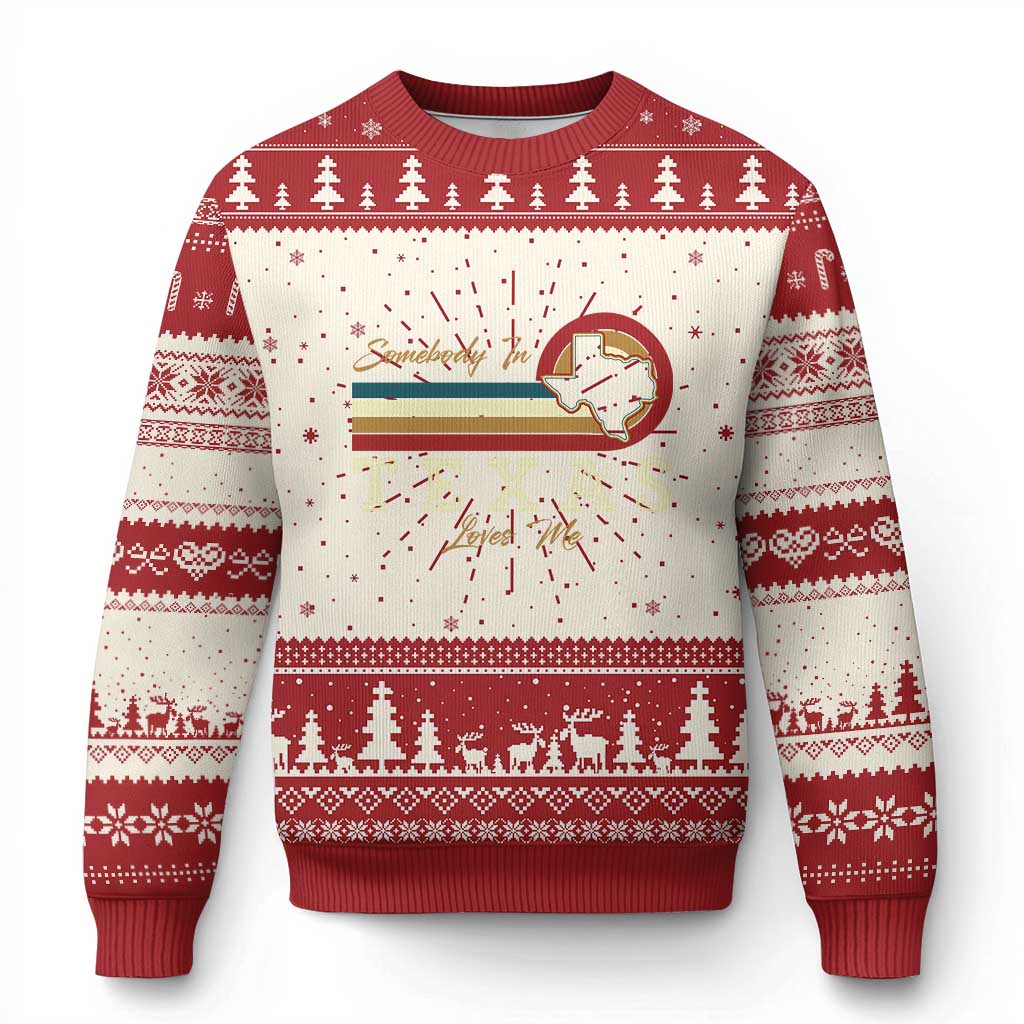 Red and cream ugly Christmas sweater with winter pattern and Texas boot graphic