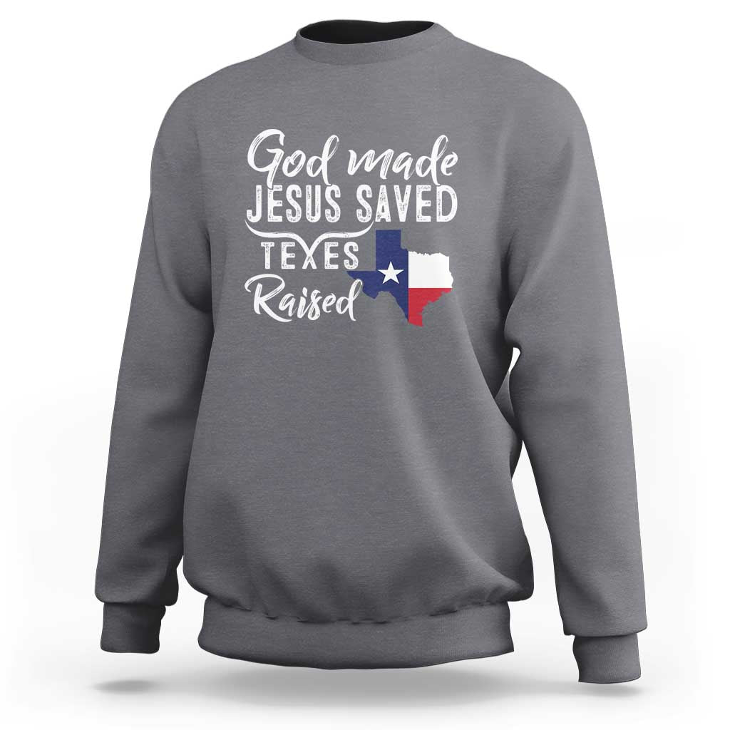 Charcoal gray crewneck sweatshirt with white graphic text and Texas flag design