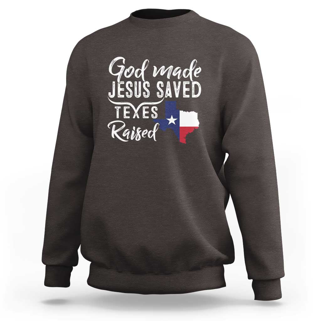 Dark chocolate crewneck sweatshirt with white graphic text and Texas flag design