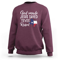 Maroon crewneck sweatshirt with white graphic text and Texas flag design