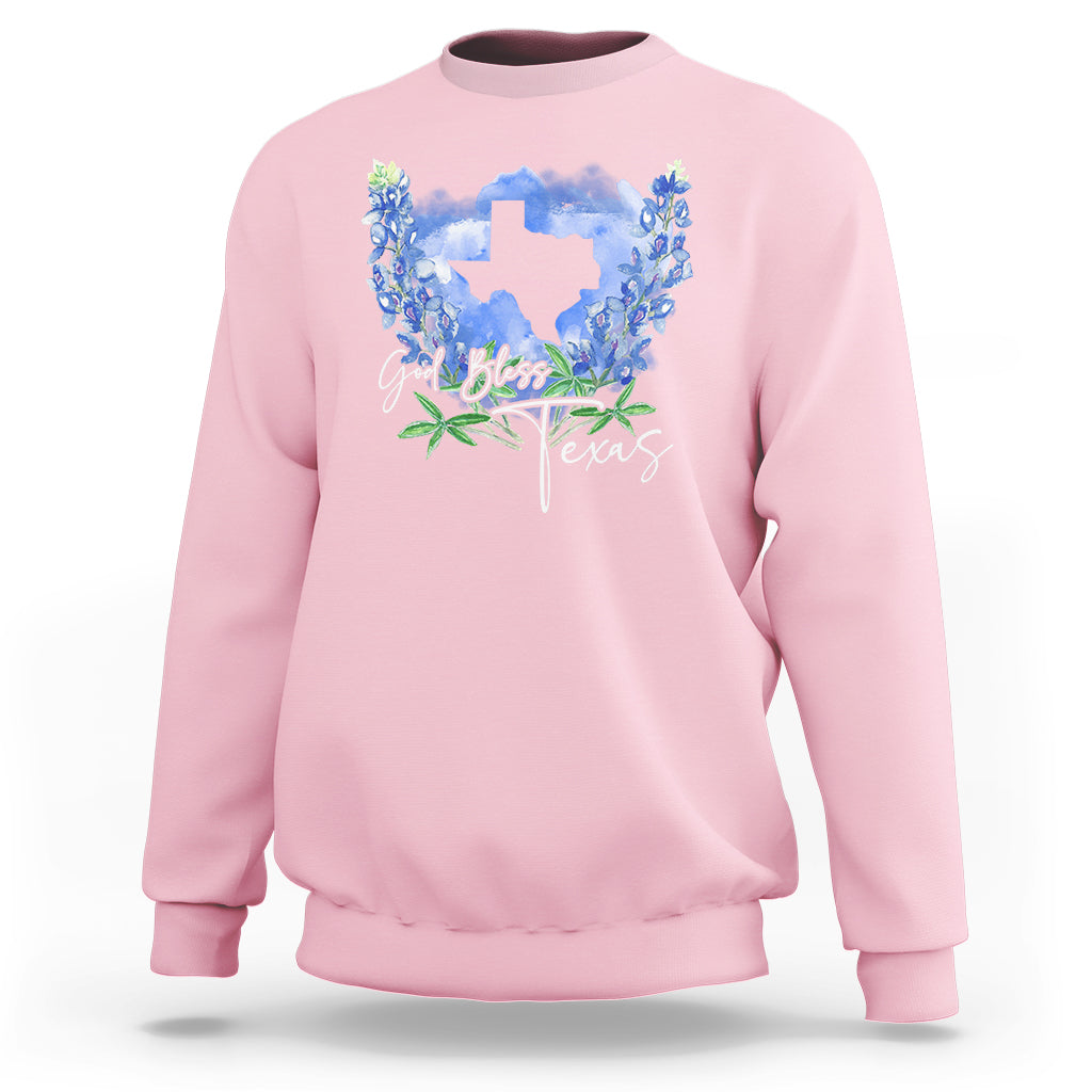 Light pink sweatshirt with blue Texas map and floral wreath front print