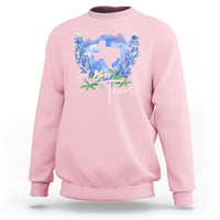 Light pink sweatshirt with blue Texas map and floral wreath front print