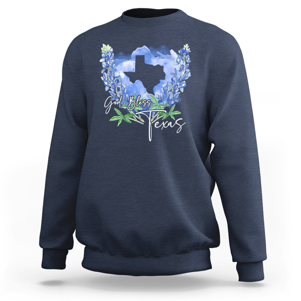 Navy sweatshirt with blue Texas map and floral wreath front print
