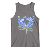 Gray sleeveless tank top with Texas map and bluebonnet flower graphic
