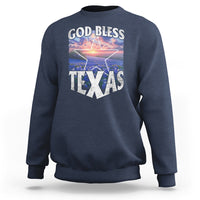 Navy crewneck sweatshirt with 'GOD BLESS TEXAS' graphic on chest
