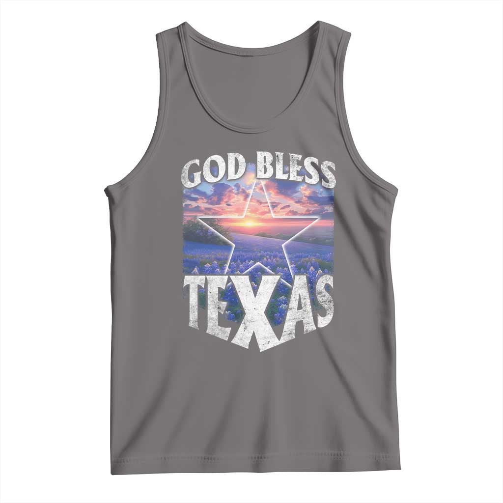Dark gray tank top with front graphic text “GOD BLESS TEXAS”