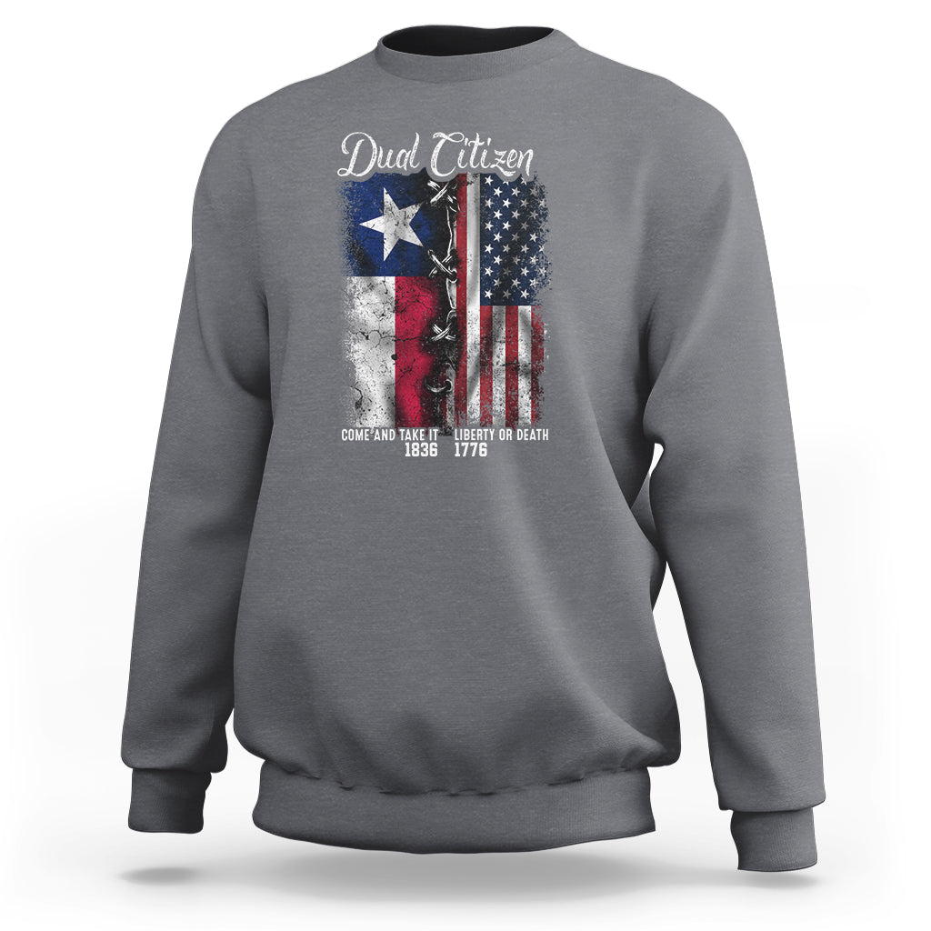 Charcoal crewneck sweatshirt with American flag graphic on front, long sleeves