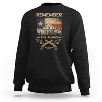 Black crewneck sweatshirt with 'Remember' Alamo graphic, stars and crossed swords.