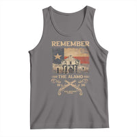 Gray sleeveless tank top, crew neck, 'Remember the Alamo' front graphic