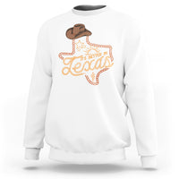 Men’s white cowboy sweatshirt with orange Texas graphic and cowboy hat detail