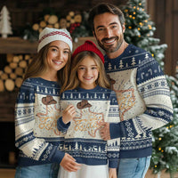 Navy and cream ugly Christmas sweater with bison graphic, fair isle trees, long sleeves