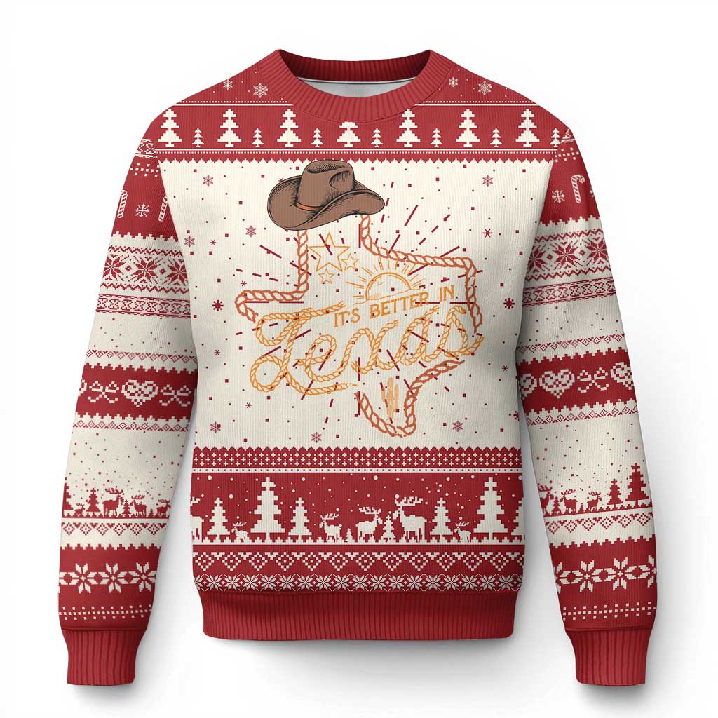Red and cream retro western ugly Christmas sweater with bison graphic and tree pattern