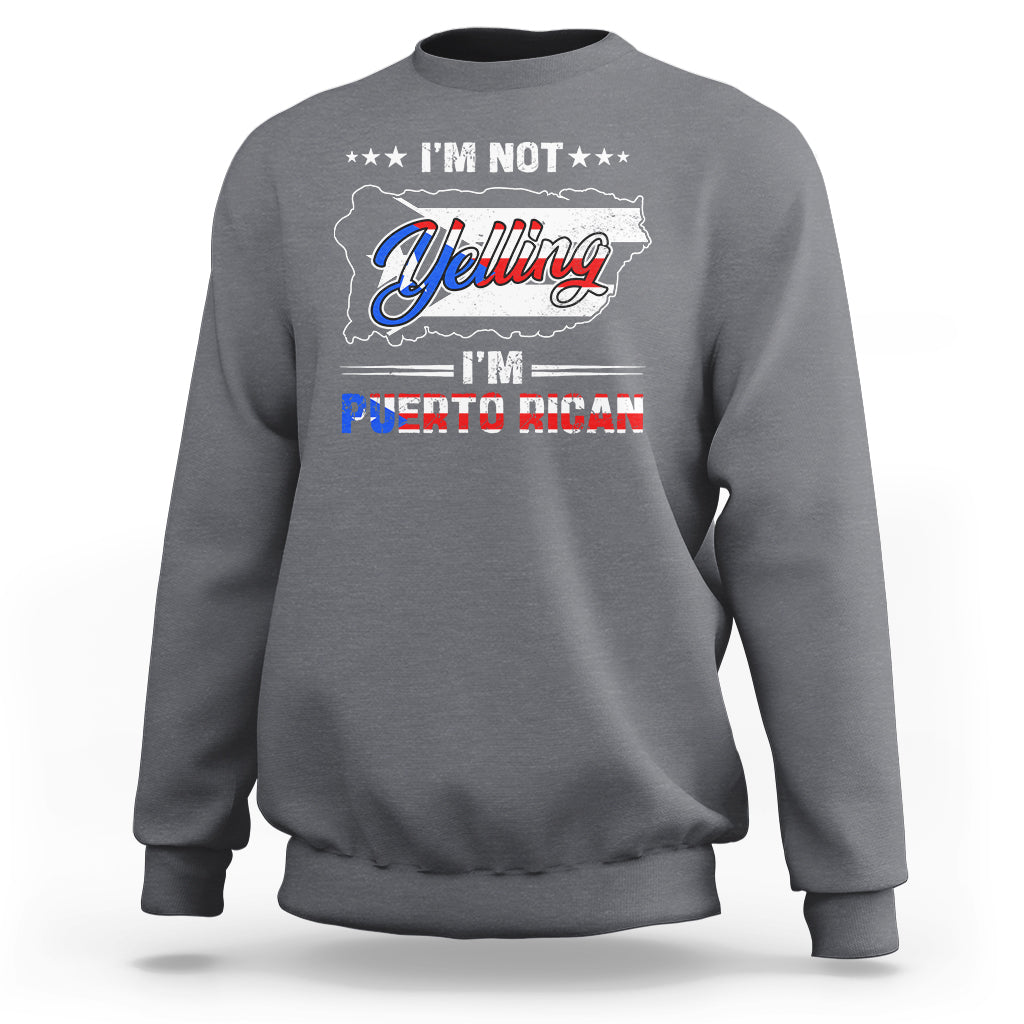 Charcoal gray crewneck sweatshirt with Puerto Rican slogan graphic on front