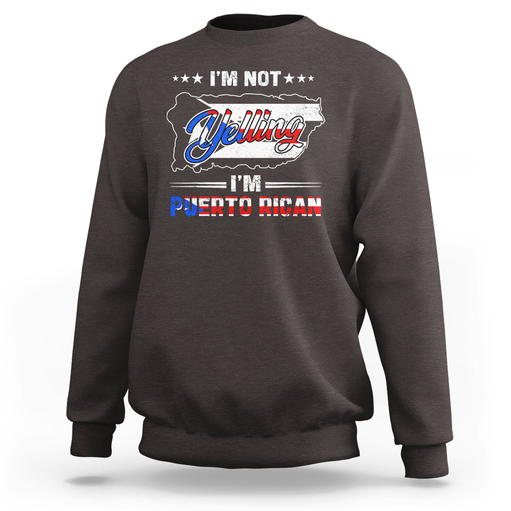 Dark brown crewneck sweatshirt with Puerto Rican slogan graphic on front