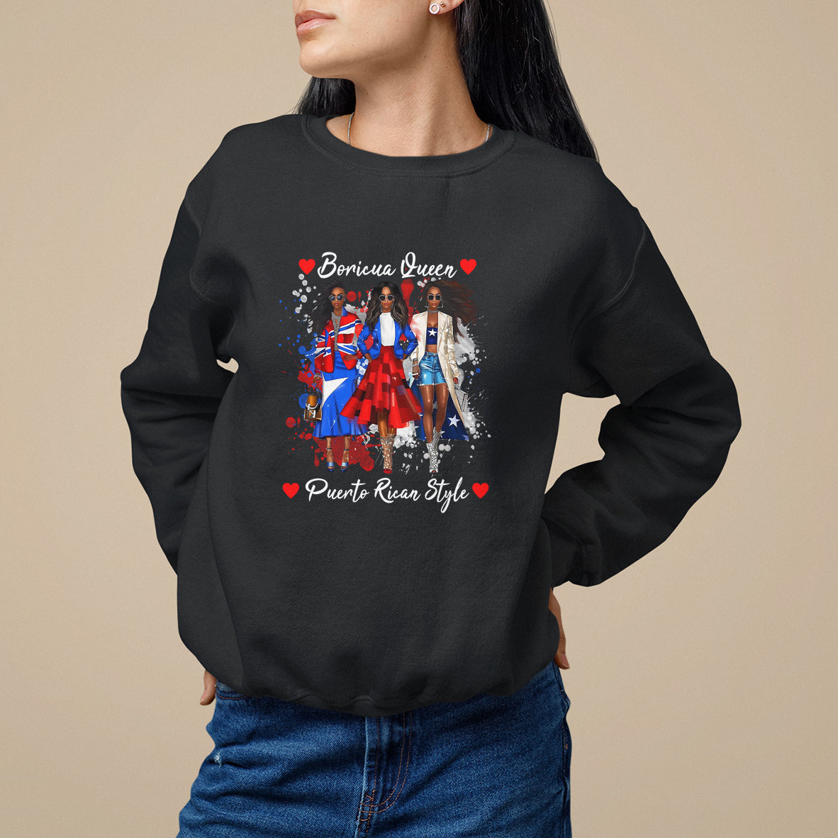 Black crewneck sweatshirt with front graphic 'Boricua Queen' and hearts