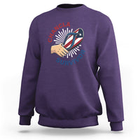 Purple pullover sweatshirt with front graphic logo and ribbed crew neckline