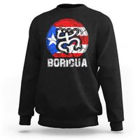 Black crewneck sweatshirt with coqui graphic and BORICUA text on chest