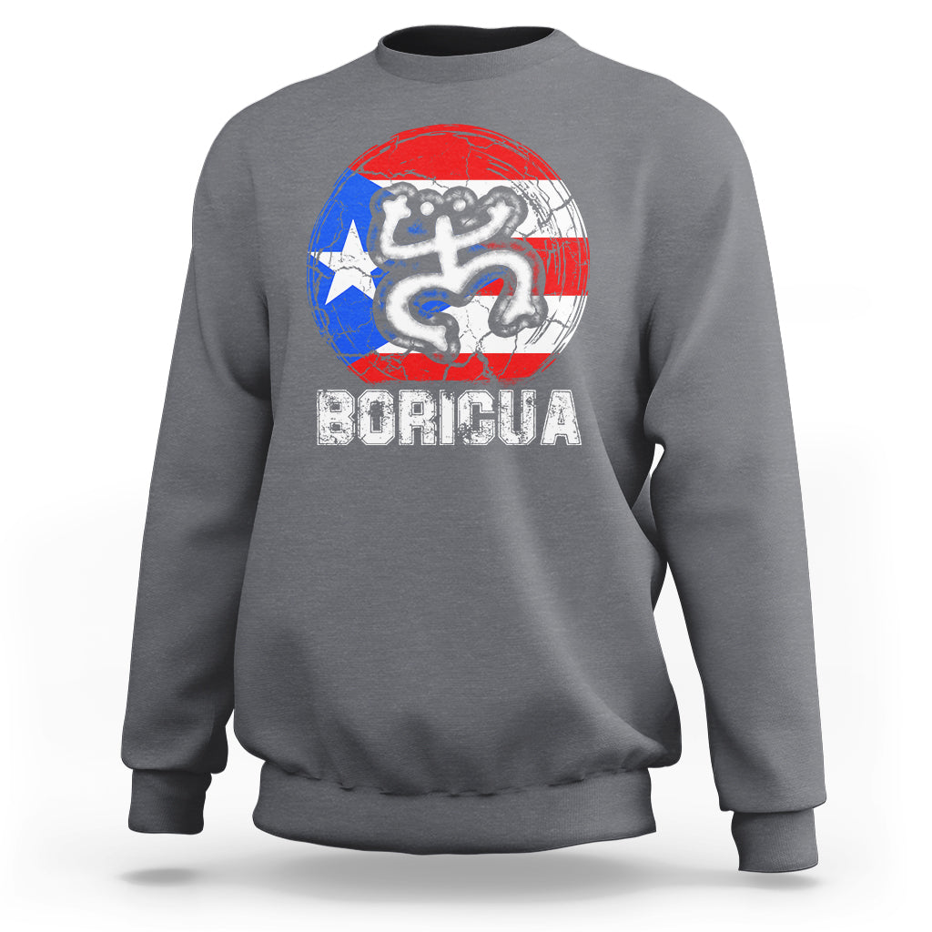 Light gray crewneck sweatshirt with coqui graphic and BORICUA text on chest