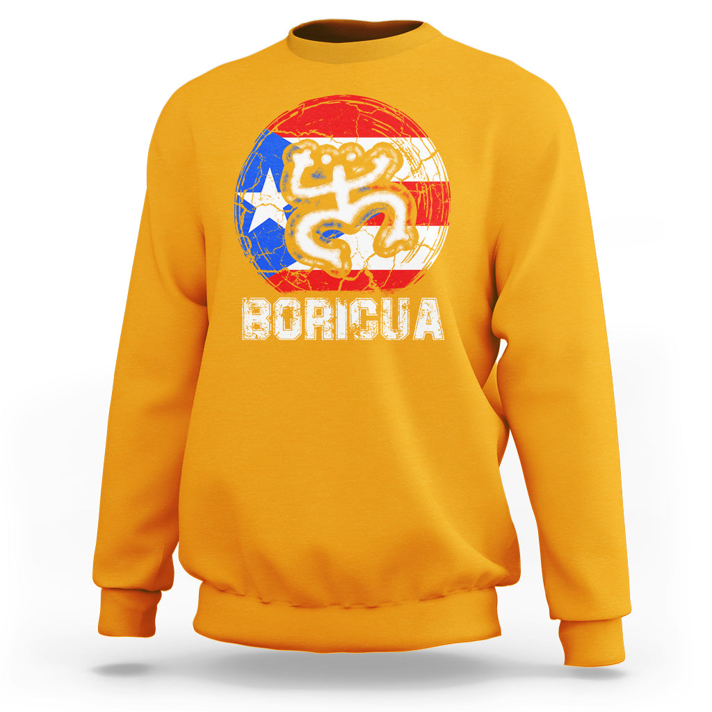 Gold crewneck sweatshirt with coqui graphic and BORICUA text on chest