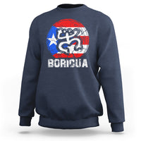 Navy crewneck sweatshirt with coqui graphic and BORICUA text on chest