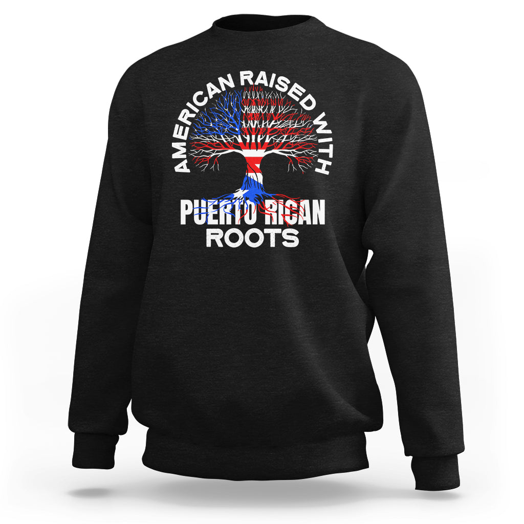 Black crewneck sweatshirt with Puerto Rican Roots tree graphic