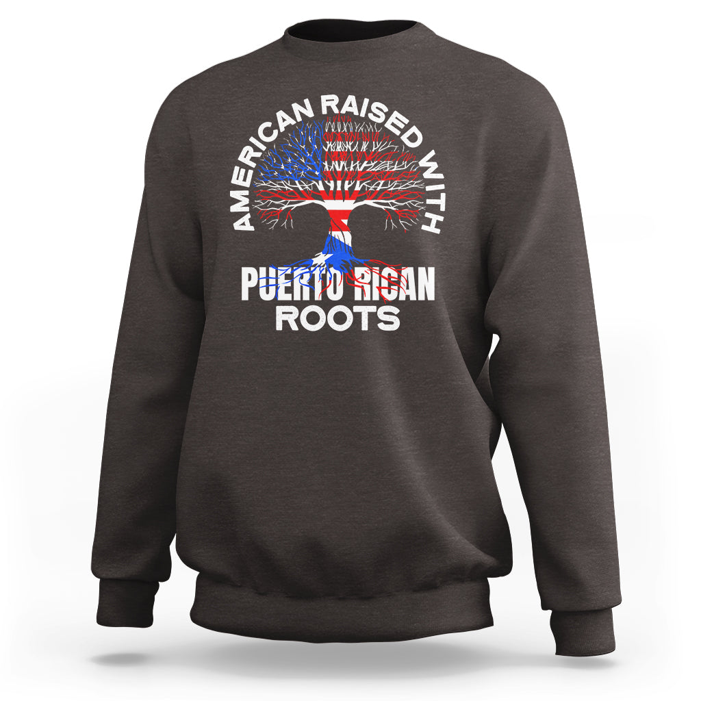 Dark brown crewneck sweatshirt with Puerto Rican Roots tree graphic