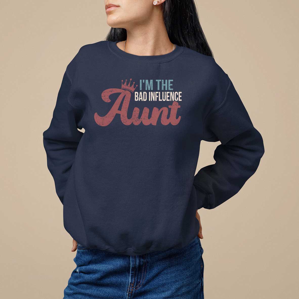 Navy sweatshirt with 'I'm the Bad Influence Aunt' graphic, crew neck, long sleeves