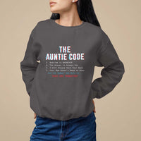 Dark charcoal gray unisex sweatshirt with "The Auntie Code" graphic text on the chest