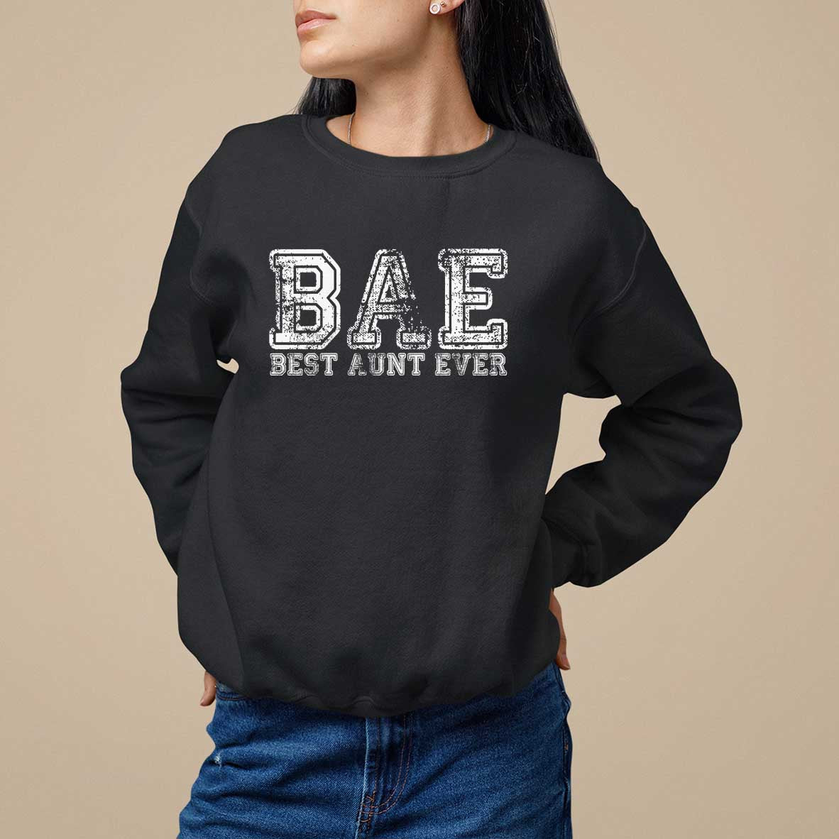 Black sweatshirt with 'BAE' and 'Best Aunt Ever' front print
